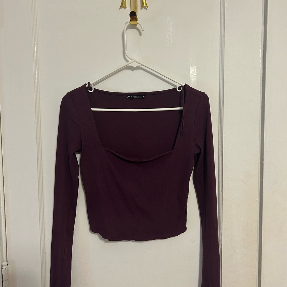 Zara Women's Deep Burgundy Long Sleeve Top Square Neck